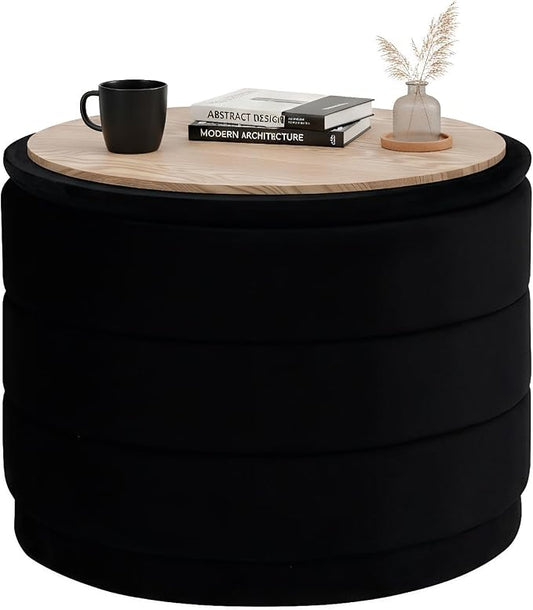 B FSOBEIIALEO Round Velvet Storage Ottoman with Tray, Folding Ottoman with Storage Coffee Table Foot Rest for Dorm Room, Living Room Black, 22.83"x22.83"x17.32"