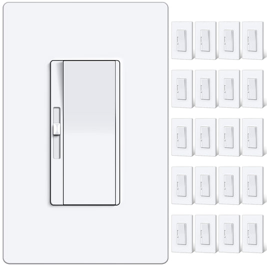 BESTTEN 20 Pack Super Slim Dimmer Light Switch, Quiet Rocker, Max 300W LED, CFL, 600W Incandescent, Single Pole or 3 Way Dimmable Switch with Screwless Wallplate, ETL Listed, White