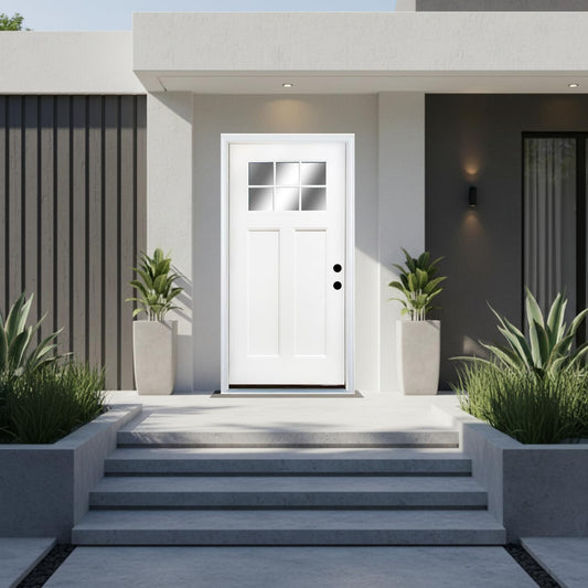 36‘’ x 80‘’ White Fiberglass Entry Door with Frosted Glass, Front Door with White Vinyl Frame and Brickmould, Left Inswing Exterior Door for Residential Entrance