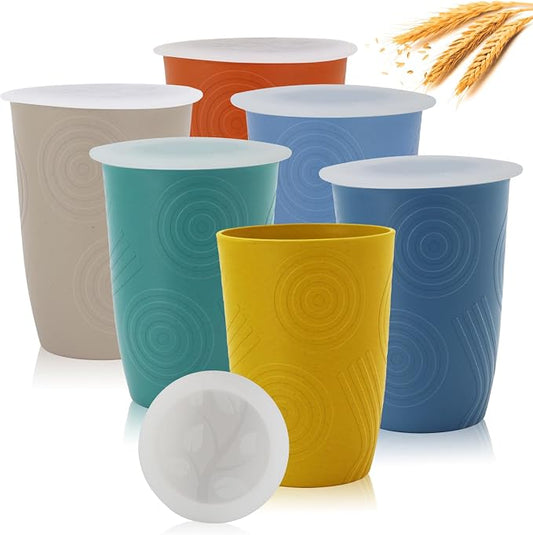 PYRMONT Wheat Straw Cups 16 Oz Alternative Plastic Cups Set of 6 With Lid Unbreakable Water Cups for Kitchen Dishwasher & Microwave Safe Drinking Cups for New Home,Apartment-Colorful