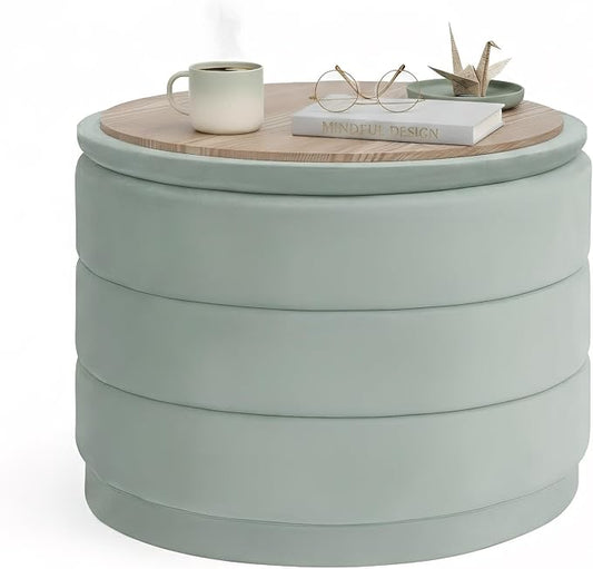 B FSOBEIIALEO Round Velvet Storage Ottoman with Tray, Folding Ottoman with Storage Coffee Table Foot Rest for Dorm Room, Living Room Sage, 22.83"x22.83"x17.32"
