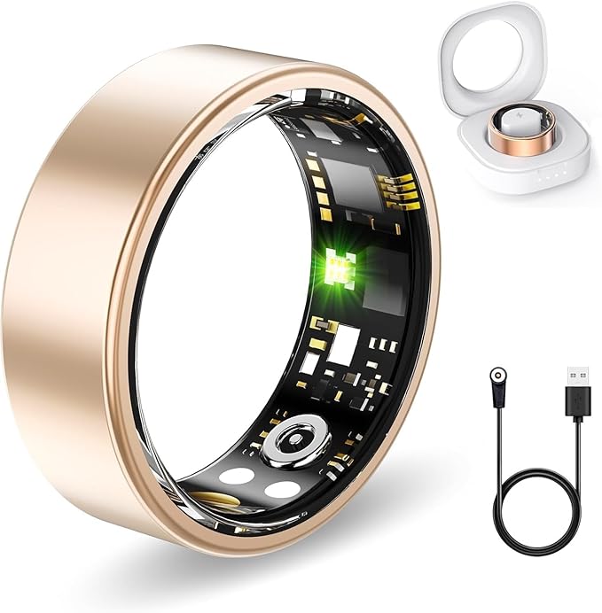 Smart Health Rings for Women Men, Fitness Tracker with Heart Rate, Blood Oxygen, HRV, Sleep Tracker, Step Tracker, No Subscription Fee, IP68 Waterproof Smart Ring for iphone & Android (Gold, 10#)