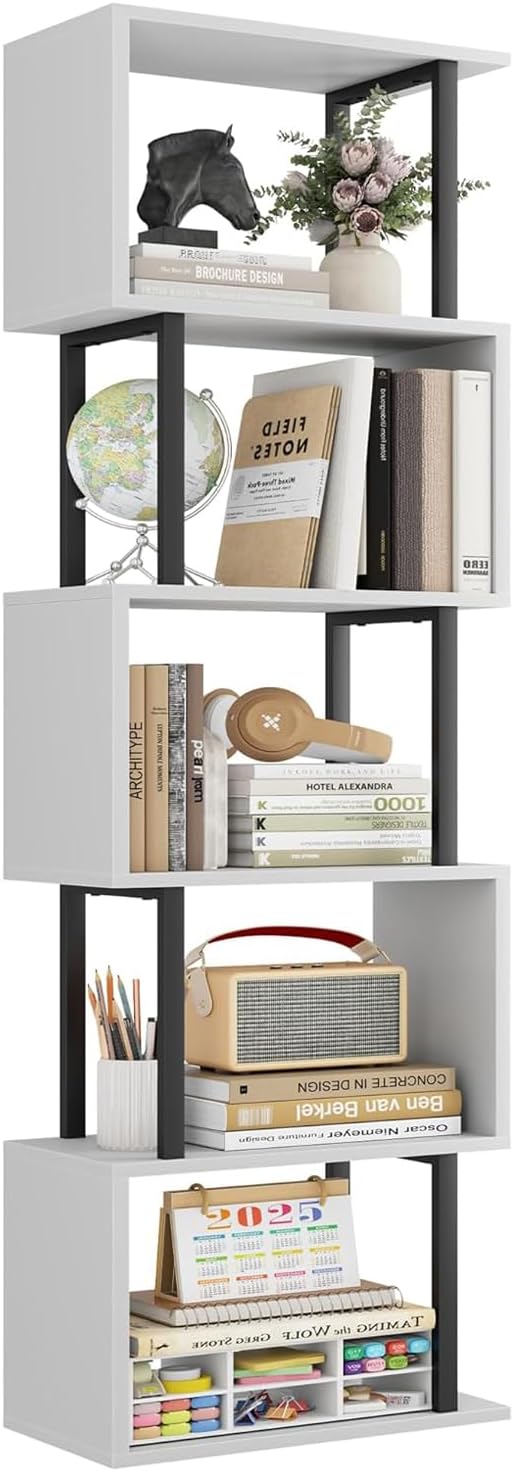 Gadroad 5-Tier Bookshelf, Narrow S-Shaped Geometric Bookcase, Wood Decorative Storage Shelving, Modern Freestanding Display Shelves, Book Shelf Unit for Living Room Bedroom Home Office, White