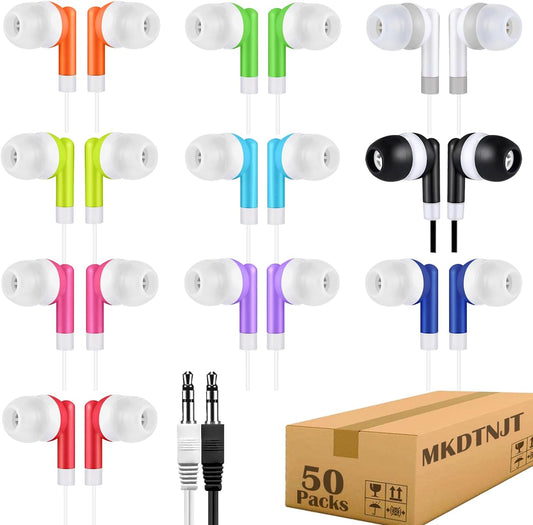 50 Pack Set Bagged(HTC101,Mixed Kids Earbuds Headphones Bulk for School Classroom,Wholesale Wired Earphones Class