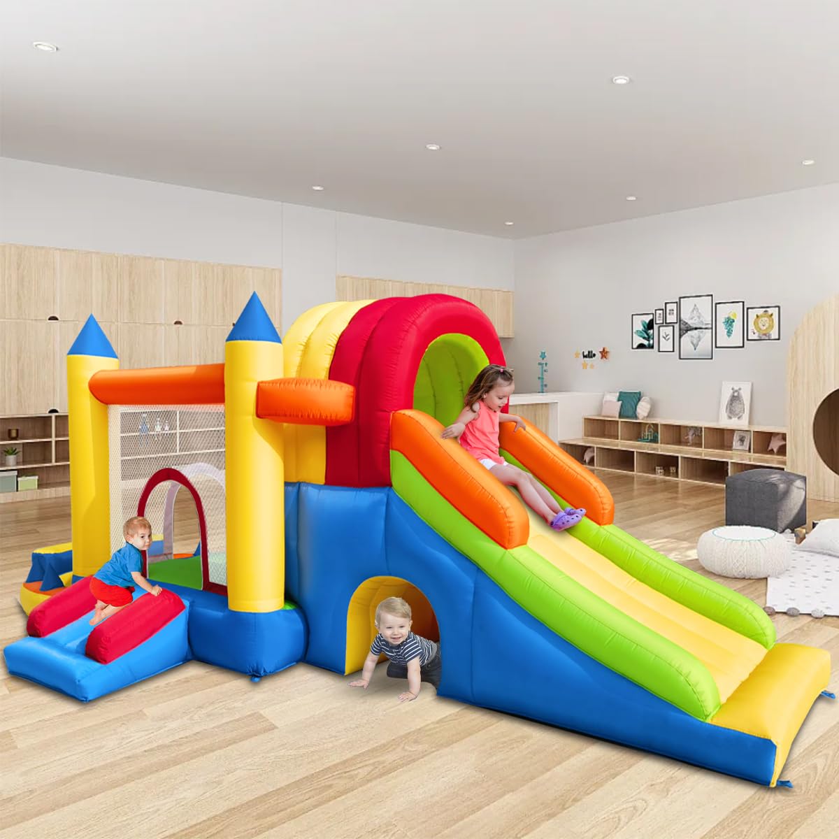 Hongcoral Inflatable Bounce House with Wide Slide, Splash Pool/Ballpit, Secret Crawl Tunnel & Soccer Goal, Multi-Activity Jumping Castle for Toddlers & Big Kids, Outdoor Backyard Playground