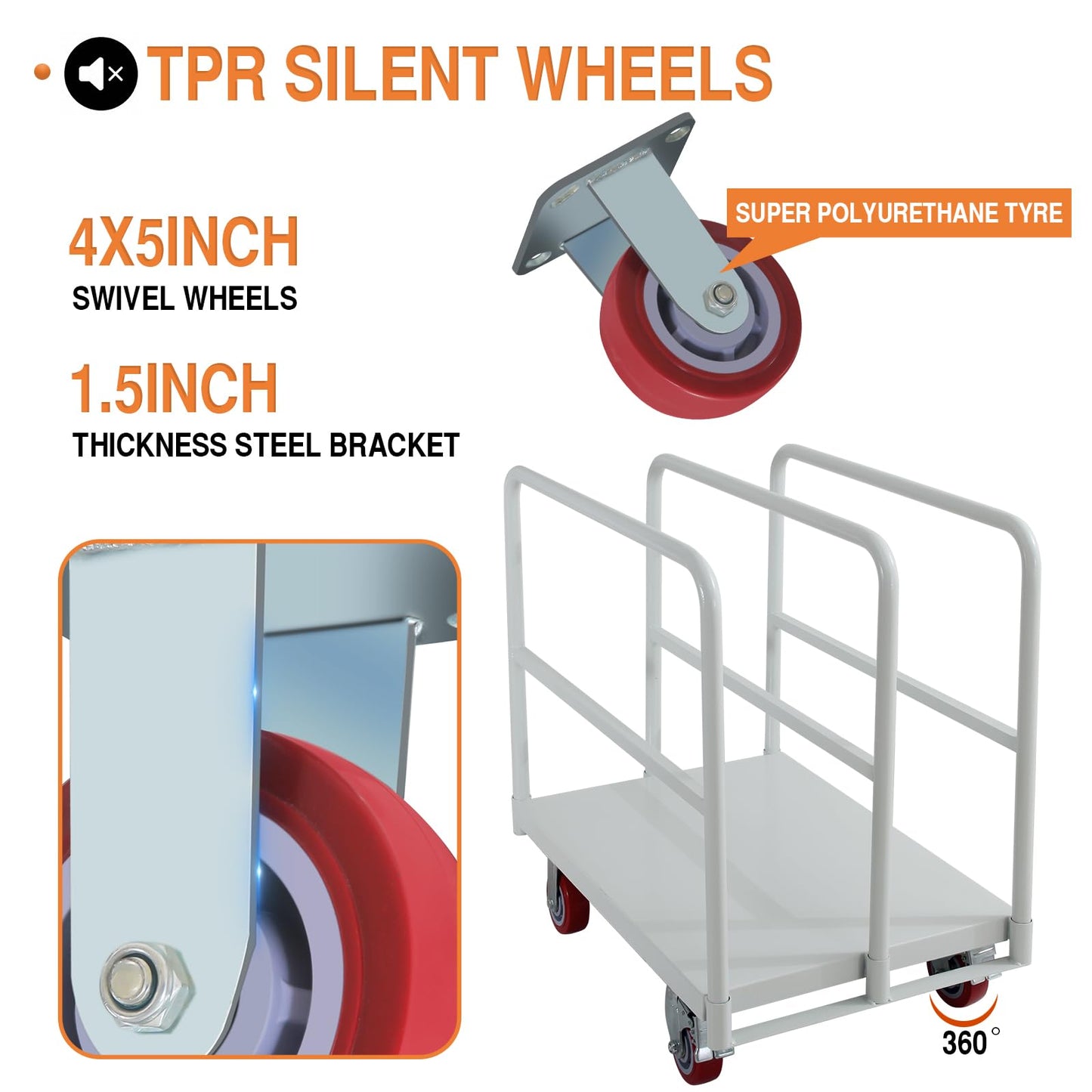 Heavy Duty Steel Panel Cart, Flatbed Cart with 5" Swivel Caster 2500lbs Load Capacity, Lumber Drywall Mattress Transporting