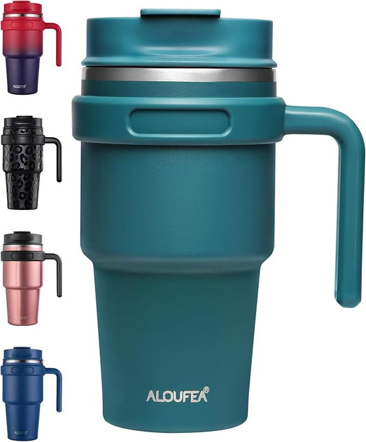 20 oz Insulated Coffee Mug Tumbler with Handle, Stainless Steel Travel Mug Tumbler with Lid and Straw,Double Wall Vacuum Leak Proof Ice Coffee Thermal Cup, Ocean Teal