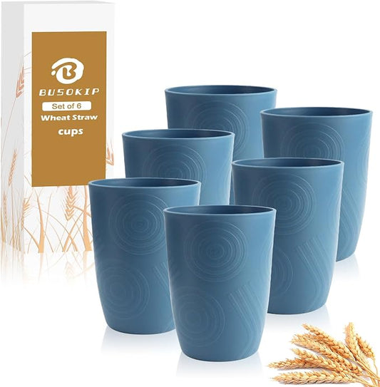 Premium Wheat Straw Cups Set of 6, Drinking Glasses 12 OZ, Alternative to Plastic Cups Reusable, Unbreakable Water Cup, Microwave and Dishwasher Safe Drinking Cups for Kitchen - Blue