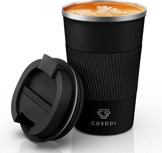 CS COSDDI 12 oz Stainless Steel Insulated Coffee Tumbler, Spill Proof Travel Mug with Lid for Hot & Cold Drinks, Car Cup Holder Friendly, Black