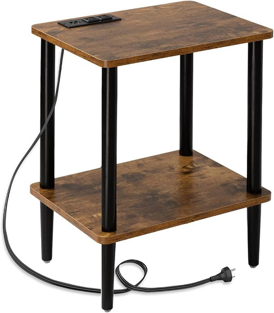 FORAOFUR End Table with Charge Station, Small End Tables Living Room, Nightstand with 2 Tier Storage Shelves for Small Spaces, Living Room, Bedroom, Sofa End Table Rustic Brown