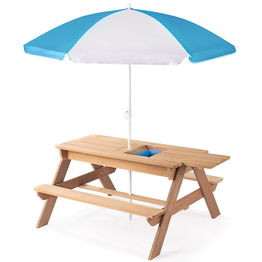 3 in 1 Outdoor Wooden Picnic Table with Umbrella, Convertible Sand Wate, Gray CPSIA Certification