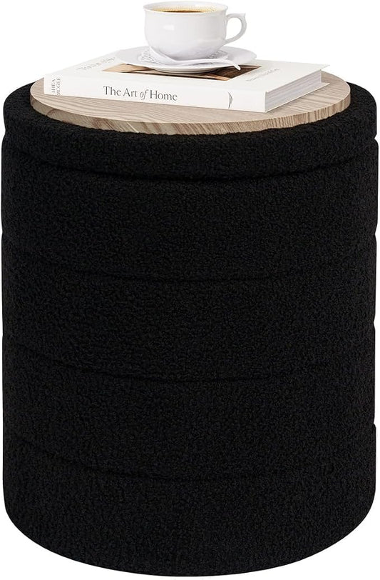 PINPLUS Round Storage Ottoman Foot Rest Stool with Tray Velvet Sherpa Folding Storage Ottoman,Boucle Foot Rest for Living Room, Bedroom, Dorm（Black）