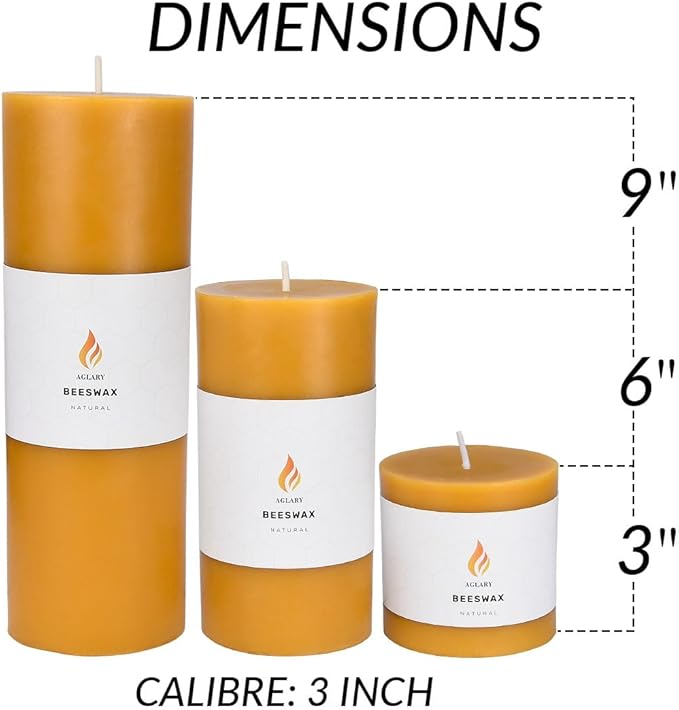 3"x 9" Large Beeswax Pillar Candle, Made of Pure Natural Beeswax, with Ultra Long Burning Time and Low Allergenicity-Raw,124H