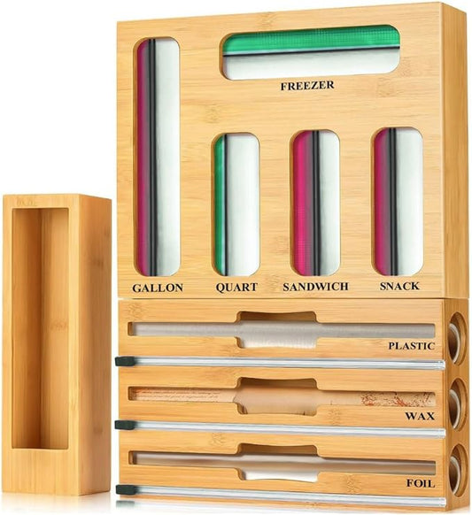 9 in 1 Storage Bag Organizer for Kitchen Drawer, Foil and Plastic Wrap with Cutter, Organizers Compatible Gallon, Quart, Sandwich Snack
