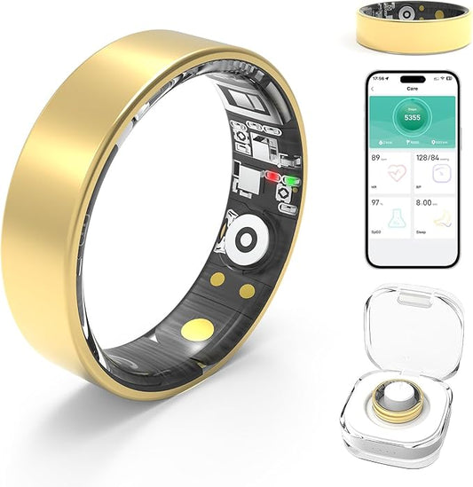 Smart Rings for Women Men,Fitness Tracker Ring,Heart Rate,Blood Oxygen,Blood Pressure,Step Tracker,Sleep Monitoring,No Subscription Fee,IP68 Waterproof Smart Ring for iPhone&Android(Gold 7)
