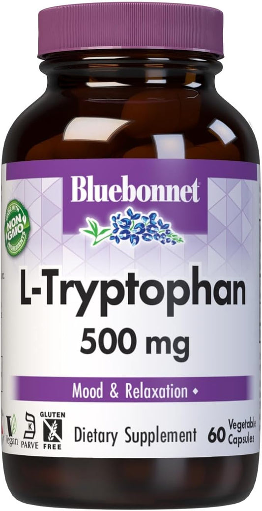 Bluebonnet Nutrition L-Trypotophan 500mg, for Neurotransmitting Support*, Supports Positive Mood*, Soy-Free, Gluten-Free, Non-GMO, Kosher Certified, Vegan, White 60 Vegetable Capsules, 60 Servings