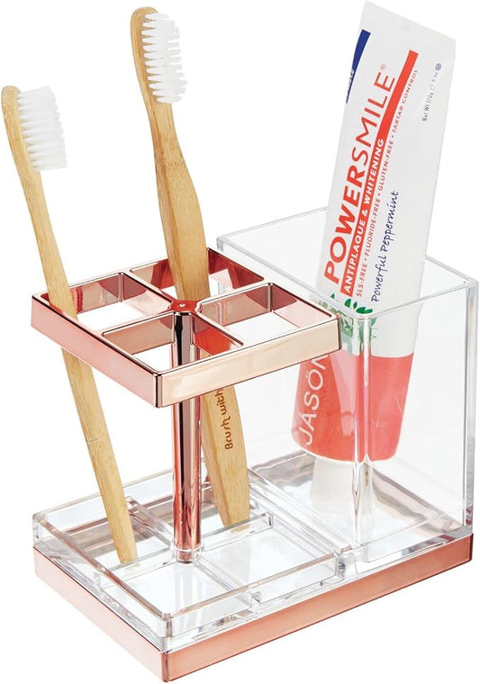mDesign Plastic Toothbrush and Toothpaste Storage Organizer Holder - Home Decor for Bathroom Countertop - Holds Toiletries and Beauty Accessories - Lumiere Collection - Clear/Rose Gold