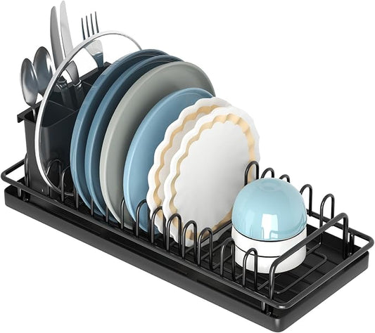 Giwil Small Dish Drying Rack, Compact Dish Rack with Silicone Tray and Caddy, Multifunctional Dish Drainer Sink Drying Rack for Kitchen Counter & Over the Sink, Stainless Stell, Black