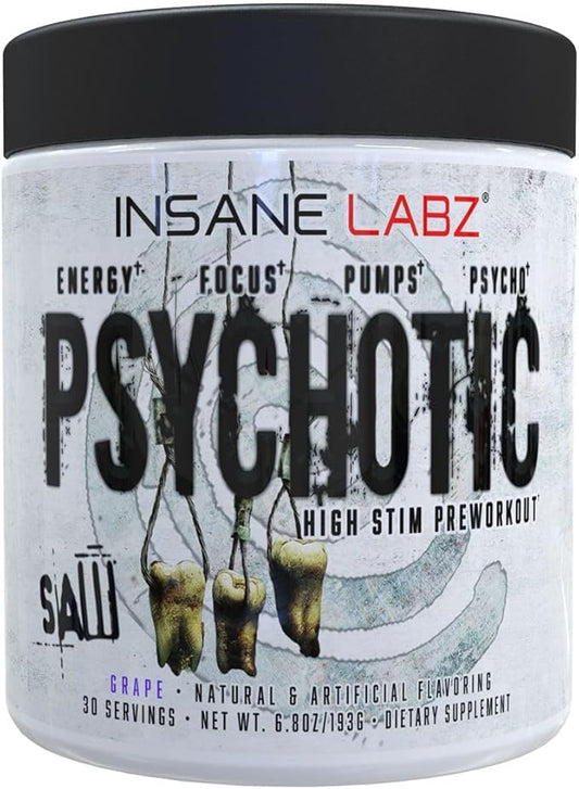 Insane Labz Psychotic Saw®, High Stim Pre Workout Powder with OxyGold­??and AMPiberry®, Extreme Lasting Energy with Teacrine®, Focus with CognitIQ® and Endurance with Beta Alanine, 30 Srvgs, Grape