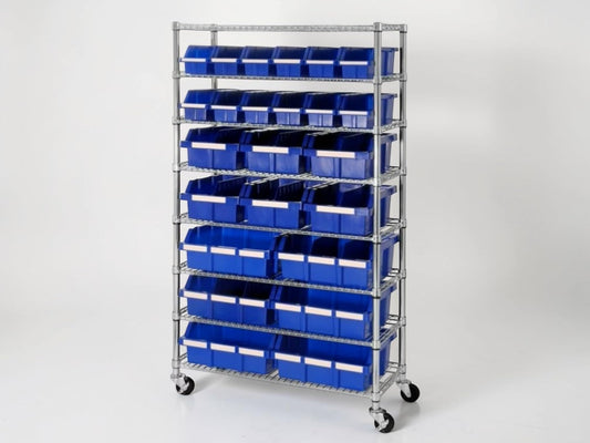 24-Bin Rolling Rack, Mobile Wire Shelving Unit with Blue Storage Bins, 8-Tier Chrome Cart, 36" W x 14.25" D x 63.5" H