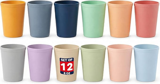 MASTERCOOK 12 Pcs. Small Reusable Cups –8 oz Unbreakable Drinking Glasses -Toddler Cups for Water, Juice, Milk–BPA Free Stackable Tumblers Plastic Cup set for Kitchen, Picnics, Parties- Kid-Friendly