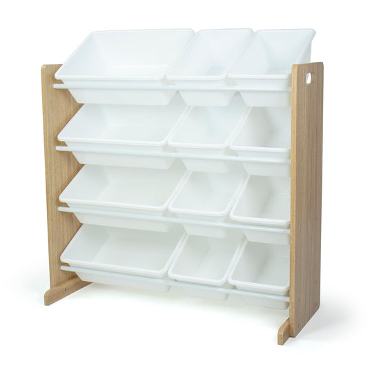 Humble Crew Toy Storage Organizer with 12 Removable Storage Bins for Kids Playroom, 4-Tier Toddler Toy Organization, Natural Wood/White