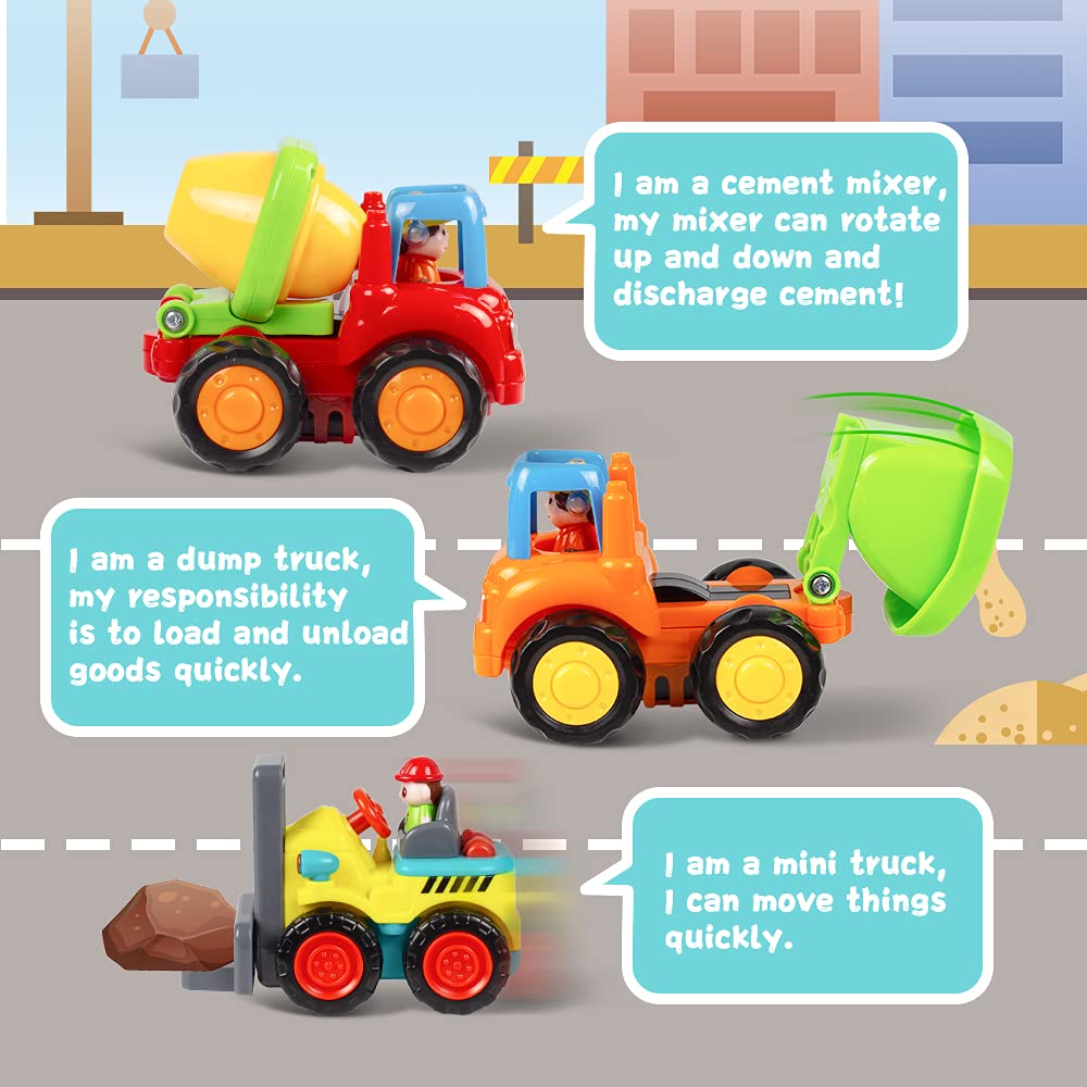 Woby Push and Go Friction Powered Car Toys Set Tractor Bulldozer Mixer Truck and Dumper for Baby Toddlers