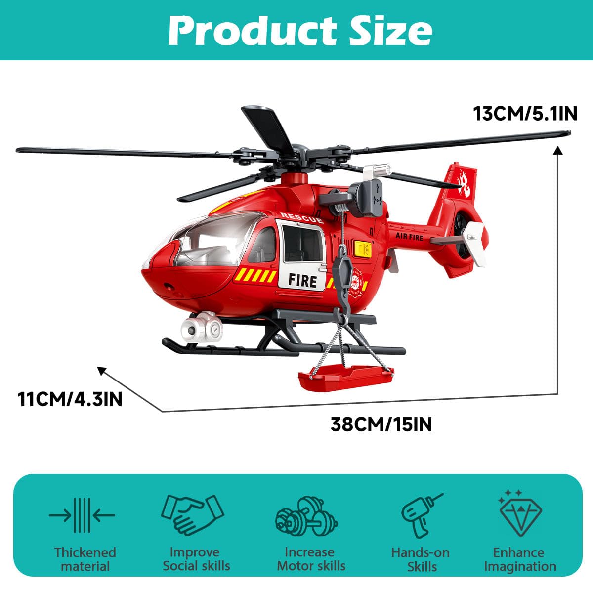 Firefighter Toys Helicopter 15-in Airplane Toys for Kids with Hanging Basket Sounds and Lights for Boys Ages 3 4 5 6 7