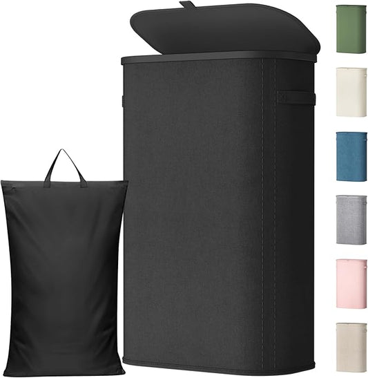 Lifewit Slim Laundry Basket with Lid, Narrow Large Laundry Hamper with Plastic Handles and Removable Bag, Tall Foldable Dirty Clothes Hampers for Laundry Room, Bedroom, Bathroom, Dorm, 65L Black
