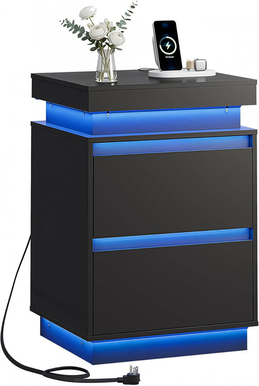 WLIVE Tall Black Nightstand - Modern Bedside Table with LED Lights & Charging Station | 2 Wooden Drawers