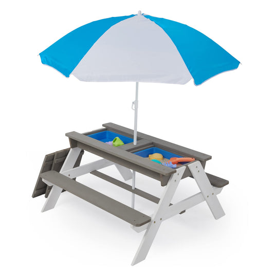 3 in 1 Outdoor Wooden Picnic Table with Umbrella, Convertible Sand Wate, Gray CPSIA Certification