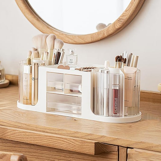 360 Rotating Makeup Brush Holder with 3 Drawers, Makeup Organizer Countertop with 10 Slots Pencil Holder for Countertop + 3 Drawer, Makeup Organizer Countertop for vanity (White (3 Drawer))