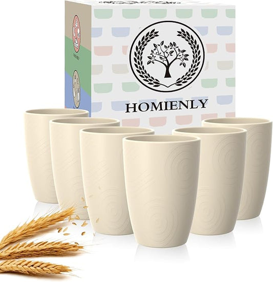 Homienly Unbreakable Drinking Glasses 16oz Wheat Straw Cups–6-Pack Reusable Stackable & Dishwasher Safe Cups for Kitchen-Beige