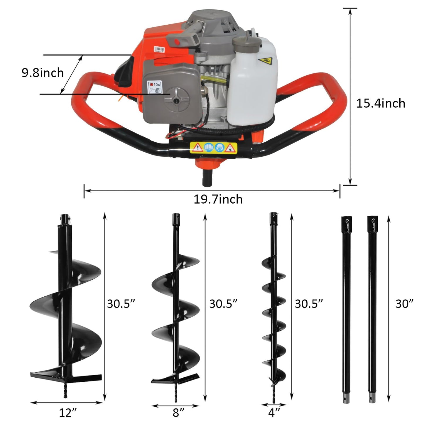 Post Hole Digger, 72CC 2 Stroke Auger Post Hole Digger, Gas Powered Earth Digger 3 Auger Drill Bits(4" & 8" & 12") and 2 Extension Rods for Farm Garden Plant