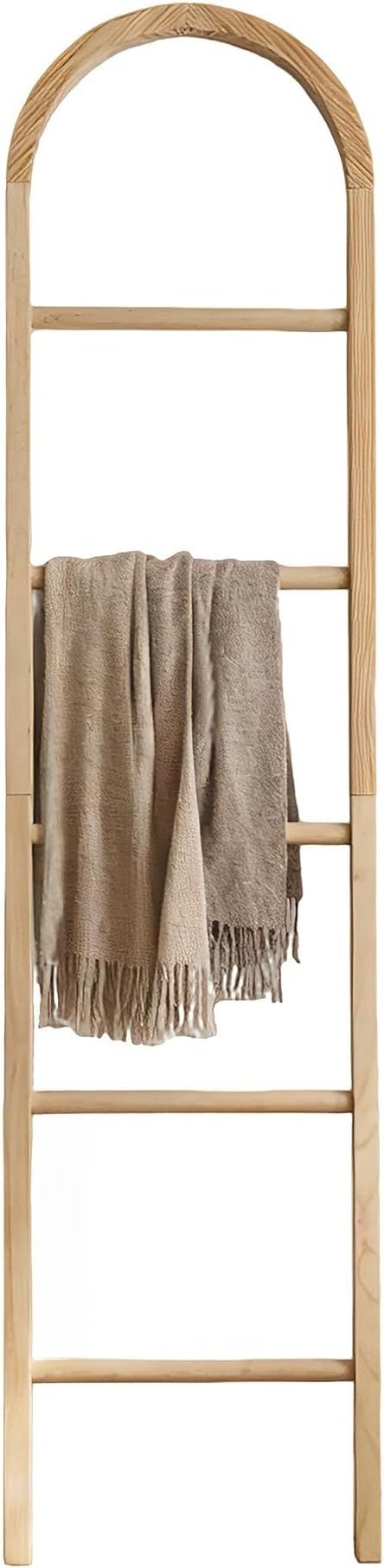 Wooden Blanket Ladder - Natural & Motley Wood - Leaning Wall Decor for Bedroom, Bathroom, Living Room - Rustic Quilt Holder & Towel Rack (Light Wood Color-Curved, 76in（5-Tier）)
