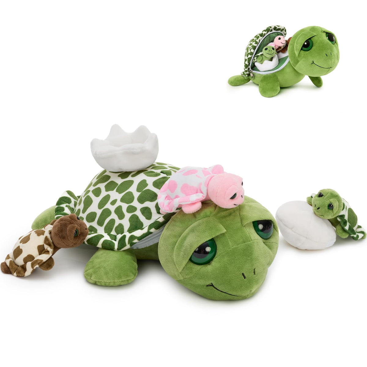 Karister 6Pcs Sound Turtle Plush Toy, 14" Talking Mother Turtle Stuffed Animal with 3 Baby Tortoise & 2 Eggs, Stuffed Educational Sea Creature for Kids, Ocean Plushies Gift for Birthday Christmas