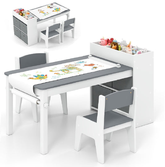 INFANS Kids Art Table and Chair Set, Toddler Craft Play Wood Activity Desk with Paper Roll 2 Chairs Storage Canvas Bins for Writing Drawing, Children Furniture for Daycare Nursery Boys Girls Ages 3+