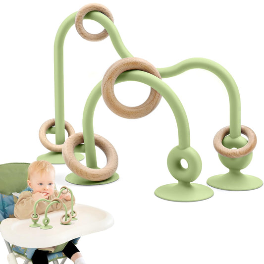 Baby Sensory High Chair Suction Toys for Infant Toddlers 12 18 Months, Food Grade Silicone String with Oak Loop Montessori Educational Parent-Child Baby Bath Toy Gift for Birthday (Green)