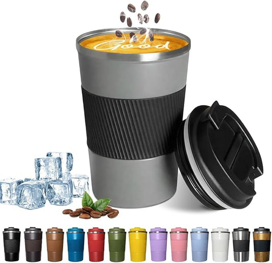 YINBAOGE Insulated Travel Coffee Mug, Spill & Leak Proof, Portable To Go Camping Stainless Steel Coffee Tumbler, Reusable Thermal Coffee Cup with Lid for Hot & Cold Drinks (Grey, 12 OZ)