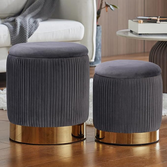 Round Ottoman with Storage Set of 2 Upholstered Velvet Vanity Stool Small Ottoman Coffee Table, Foot Stool, Removable Lid, for Living Room, Bedroom, Hallway, Easy Assembly (Gray)