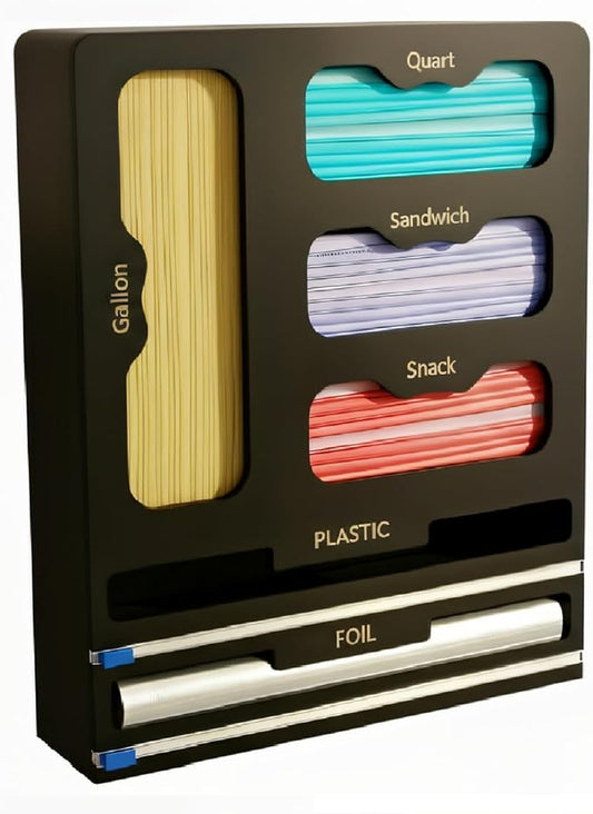 Storage Bag organizer, 6 in 1 Foil and Plastic Wrap Dispenser with Cutter, Bamboo Kitchen Drawer Organizer Food Bag Organizer for Gallon, Quart, Sandwich, Snack Bags (Black)