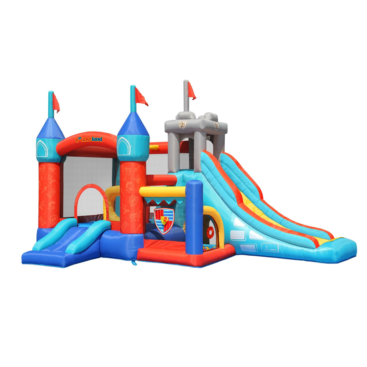 Bounceland Medieval Bounce Castle Bounce House with Slide & Ball Pit, Basketball Hoop and Ball Toss Game Included, Long Fun Slide, Obstacle Courts, Comes with UL Certified Blower Fun Party