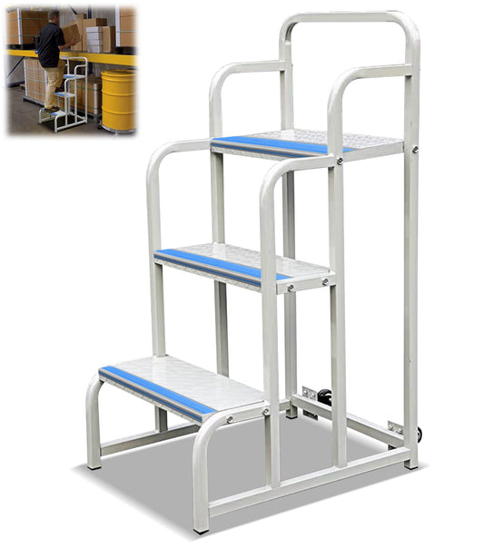 3 Step Stairs with Wheels, Industrial & Warehouse 3-Step Rolling Stairs, Non-Slip Rolling Steps with Stair Edge Protector, Easy to Move Rolling Steps with Wheels(19.7W x29.5H, 600LBs Loading).