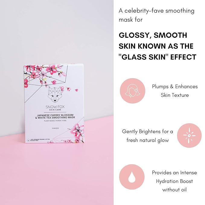 Snow Fox Skincare Japanese Cherry Blossom & White Tea Soothing Mask, 5 Mask