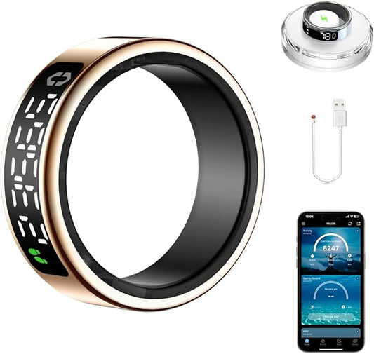 Smart Health Ring with Screen,for Women Men Fitness Tracker with Heart Rate, Blood Oxygen, HRV, Sleep Monitoring, Step Counting, IP68 for iPhone and Android, No Subscription Fee (Gold, 11#)