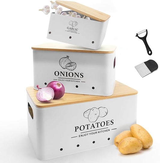Kitchen Vegetable Storage Set of 3, Metal Onion Garlic Potato Storage Set, Kitchen Canisters Vegetable Keeper Containers with Aerating Holes and Bamboo Lid,White