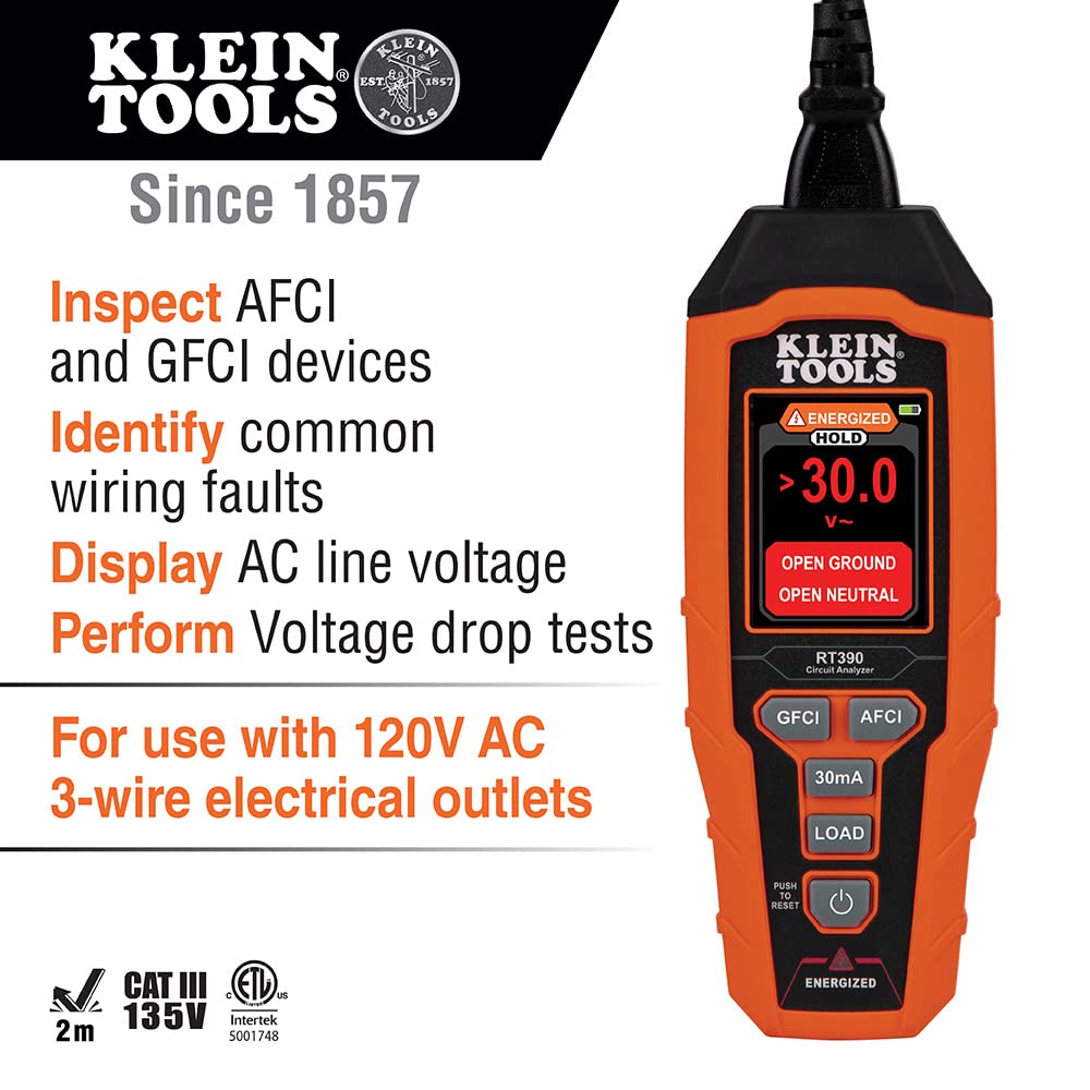 Klein Tools RT390 Circuit Analyzer with Large LCD, Identifies Wiring Faults, GFCI and AFCI Tester, Voltage Drop, Displays Trip Time, Orange & 69417 Rare-Earth Magnetic Hanger, with Strap