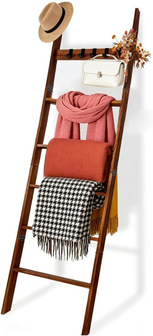 Wooden Blanket Ladder, Leaning Towel Rack with 5 Hooks, Rustic Quilt Display Ladder Stand for Bathroom, Bedroom, Living Room, Easy Assembly