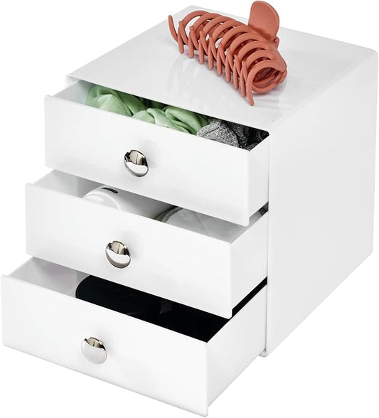 iDesign 3-Drawer Plastic Vanity Organizer, Compact Storage Organization Drawers Set for Cosmetics, Dental Supplies, Hair Care, Bathroom, Dorm, Desk, Countertop, Office, 6.5" x 6.5" x 6.5", White | Bathroom Storage, Vanity Storage