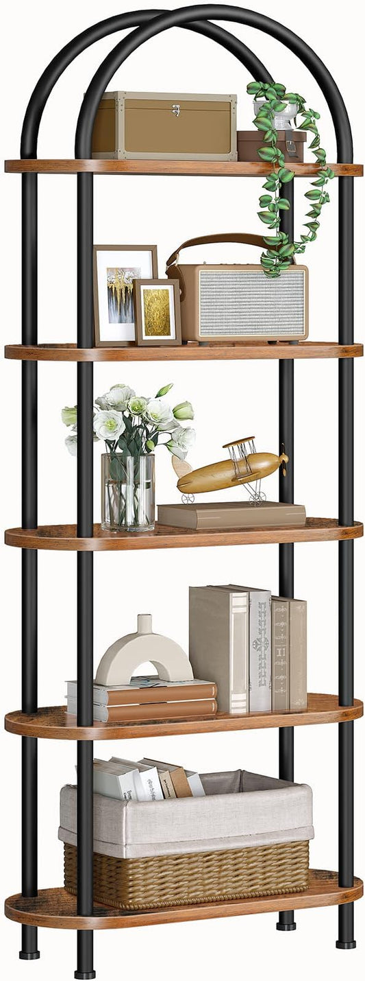HOOBRO 5 Tier Open Bookshelf, Industrial Arched Bookcase Display Shelf Rack, Wooden Bookcase Storage Shelf Metal Frame, Tall Storage Organizer for Home, Easy Assembly, Rustic Brown BF176SJ01